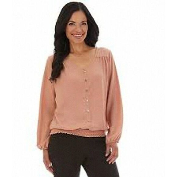 Apt. 9 Womens Y2K Smocked Hem Blouse L Pink Blush V-Neck Button-Front Pleated - Picture 2 of 6